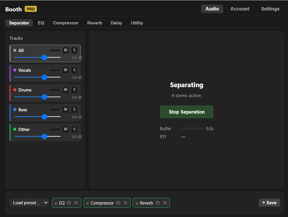 Booth — Separator view (Dark theme)